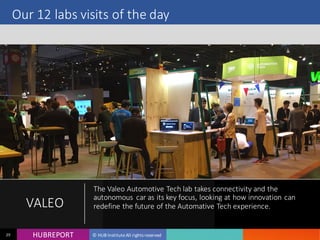 HUB REPORTHUBREPORT © HUB Institute All rights reserved29
Our 12 labs visits of the day
VALEO
The Valeo Automotive Tech lab takes connectivity and the
autonomous car as its key focus, looking at how innovation
can redefine the future of the Automative Tech experience.
 