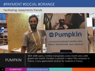 HUB REPORTHUBREPORT © HUB Institute All rights reserved33
#PAYMENT #SOCIAL #ORANGE
Facilitating repayments friends
PUMPKIN
With 100K users, 2 million transactions every month and a
20% growth per month, Pumpkin is present in about fifty
campuses in France, a very appreciated solution for
students in France.
 