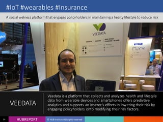 HUB REPORTHUBREPORT © HUB Institute All rights reserved34
#IoT #wearables #Insurance
A social welness platform that engages policyholders in maintaining a healty lifestyle to
reduce risk
VEEDATA
Veedata is a platform that collects and analyzes health and lifestyle
data from wearable devices and smartphones offers predivtive
analytics and supports an inserer’s efforts in lowering their risk by
engaging policyholders onto modifying their risk factors.
 