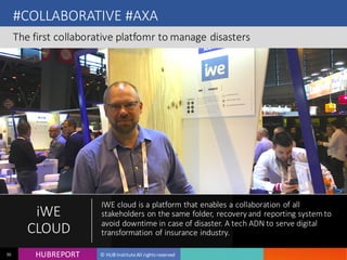 HUB REPORTHUBREPORT © HUB Institute All rights reserved36
#COLLABORATIVE #AXA
The first collaborative platfomr to manage disasters
iWE
CLOUD
IWE cloud is a platform that enables a collaboration of all
stakeholders on the same folder, recovery and reporting
system to avoid downtime in case of disaster. A tech ADN to
serve digital transformation of insurance industry.
 