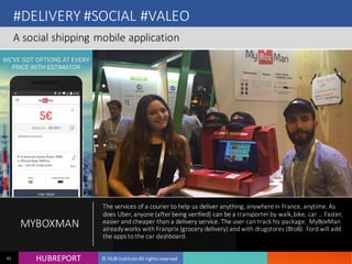 HUB REPORTHUBREPORT © HUB Institute All rights reserved41
#DELIVERY #SOCIAL #VALEO
A social shipping mobile application
MYBOXMAN
The services of a courier to help us deliver anything, anywhere in France, anytime.
As does Uber, anyone (after being verified) can be a transporter by walk, bike, car
… Faster, easier and cheaper than a delivery service. The user can track his
package. MyBoxMan already works with Franprix (grocery delivery) and with
drugstores (BtoB). Ford will add the apps to the car dashboard.
 