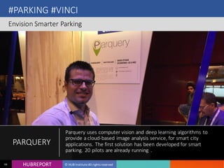 HUB REPORTHUBREPORT © HUB Institute All rights reserved44
#PARKING #VINCI
Envision Smarter Parking
PARQUERY
Parquery uses computer vision and deep learning
algorithms to provide a cloud-based image analysis service,
for smart city applications. The first solution has been
developed for smart parking. 20 pilots are already running .
 