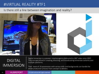 HUB REPORTHUBREPORT © HUB Institute All rights reserved52
#VIRTUAL REALITY #TF1
Is there still a line between imagination and reality?
DIGITAL
IMMERSION
Digital immersion is a pioneer creative agency dedicated to 360° video since
2007.  
They are specialized in creating, directing, and broadcasting immersive
contents over multiple platforms.  
 
Their team of 10 passionates with various skills and backgrounds can handle
the whole production process from concept to delivery.
 