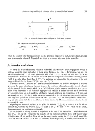 Multi-cracking modelling in concrete solved by a modified DR method 379 
Fig. 1 A notched concrete beam subjected to three point bending 
when the solution is far from equilibrium and the estimated frequency is high, the global convergence 
rate is remarkably enhanced. The details are going to be shown later on with the examples. 
5. Numerical applications 
We apply the modified dynamic relaxation method to solve the static crack propagation through a 
notched concrete beam subjected to three point bending, see Fig. 1. Particularly, we use the 
experiments in Ruiz (1999): three specimens, with depth D = 75, 150 and 300 mm respectively, all 
with the same thickness B = 50 mm are modeled. The material parameters for the concrete given in 
Table 2 are also taken from Ruiz (1999). The cohesive law adopted in the calculation is the one 
suggested in the Model Code (1993) for concrete, Eq. (3). 
In previous studies, Camacho and Ortiz (1996) have noted that the accurate description of fracture 
processes by means of cohesive elements requires the resolution of the characteristic cohesive length 
of the material. Further studies (Ruiz, et al. 2001) showed that in concrete, the element size can be 
made to be comparable to the minimum aggregate size, which is 5 mm in our case. So all specimens 
are discretized into ten-node quadratic tetrahedral elements and have an element size of 6 mm near 
the middle surface. Figs. 2a, b and c show the mesh used in the calculations for the small, medium 
and large size specimens, which consists of 2103, 4048 and 10745 10-node quadratic tetrahedrons, 
respectively. Concrete bulk is modeled as a finite elastic Neo-Hookean material extended to the 
compressible range. 
Regarding the tolerances defined in Eq. (21), the product Fext is taken as 1 N for all the 
2 
ftol simulations, whereas the product K0ketol is taken as 10−8, 10−7 and 5 × 10−7 Nmm for the small, 
intermediate and big specimens respectively. 
For the purpose of having an order of magnitude in the case of the error norm 1, please remember 
that Fext in Eq. (21) represents the modulus of the maximum external force and thus it varies 
2 
with the scale of the problem. Here we use the experimental values for Fext , which were 800, 
2 
1300 and 1800 N for the 75, 150 and 300 mm deep beams respectively. Likewise, in the case of the 
Table 2 Concrete mechanical properties 
fts (MPa) E (GPa) ν Gc (N/m) lch (mm) 
3.8 30.5 0.2 62.5 130 
 