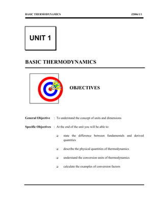 BASIC THERMODYNAMICS J2006/1/1
BASIC THERMODYNAMICS
OBJECTIVES
General Objective : To understand the concept of units and dimensions
Specific Objectives : At the end of the unit you will be able to:
 state the difference between fundamentals and derived
quantities
 describe the physical quantities of thermodynamics
 understand the conversion units of thermodynamics
 calculate the examples of conversion factors
UNIT 1
 