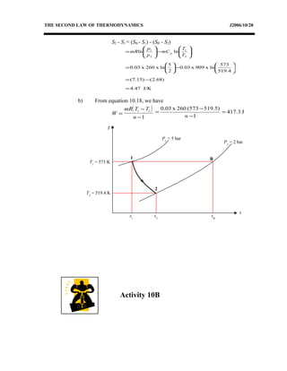 THE SECOND LAW OF THERMODYNAMICS J2006/10/28
S2 - S1 = (SB - S1) - (SB - S2)
J/K4.47
)68.2()15.7(
519.4
573
lnx909x0.03
2
5
lnx260x0.03
lnln
2
1
2
1
=
−=






−





=






−





=
T
T
mC
p
p
mR p
b) From equation 10.18, we have
( )
W
mR T T
n
=
−
−
1 2
1
J3.417
1
519.5)(573260x0.03
=
−
−
=
n
T
s
P2
= 2 bar
1
2
s1
P1
= 5 bar
T1
= 573 K
T2
= 519.4 K
B
s2
sB
Activity 10B
 