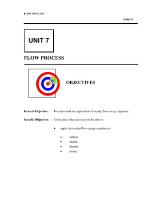 FLOW PROCESS
J2006/7/1
FLOW PROCESS
OBJECTIVES
General Objective: To understand the application of steady flow energy equation.
Specific Objectives : At the end of the unit you will be able to:
 apply the steady-flow energy equation to :
• turbine
• nozzle
• throttle
• pump
UNIT 7
 