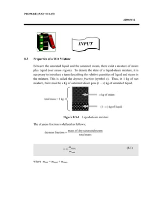 PROPERTIES OF STEAM
J2006/8/12
8.3 Properties of a Wet Mixture
Between the saturated liquid and the saturated steam, there exist a mixture of steam
plus liquid (wet steam region). To denote the state of a liquid-steam mixture, it is
necessary to introduce a term describing the relative quantities of liquid and steam in
the mixture. This is called the dryness fraction (symbol x). Thus, in 1 kg of wet
mixture, there must be x kg of saturated steam plus (1 – x) kg of saturated liquid.
Figure 8.3-1 Liquid-steam mixture
The dryness fraction is defined as follows;
where mtotal = mliquid + msteam
(8.1)
(1 - x ) kg of liquid
x kg of steam
total mass = 1 kg
masstotal
steamsaturateddryofmass
fractiondryness =
total
steam
m
m
x =
INPUTINPUT
 