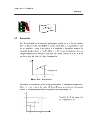 PROPERTIES OF STEAM
J2006/8/30
8.5 Interpolation
The first interpolation problem that an engineer usually meets is that of “reading
between the lines” of a published table, like the Steam Tables. For properties which
are not tabulated exactly in the tables, it is necessary to interpolate between the
values tabulated as shown in Fig. 8.5-1 below. In this process it is customary to use a
straight line that passes through two adjacent table points, denoted by α and β. If we
use the straight line then it is called “interpolation”.
Figure 8.5-1 Interpolation
The values in the tables are given in regular increments of temperature and pressure.
Often we wish to know the value of thermodynamic properties at intermediate
values. It is common to use linear interpolation as shown in Fig. 8.5-2.
From Fig. 8.5.2, the value of x
can be determined by:
INPUTINPUT
f(x)
x
α β
Interpolation
y
x
y2
y
y1
x1
x x2
(x2
, y2
)
(x , y)
(x1
, y1
)
 