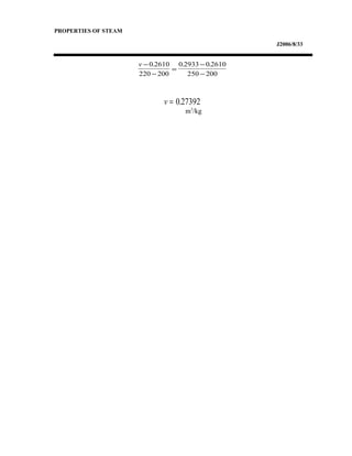 PROPERTIES OF STEAM
J2006/8/33
m3
/kg
v −
−
=
−
−
0 2610
220 200
0 2933 0 2610
250 200
. . .
v = 027392.
 