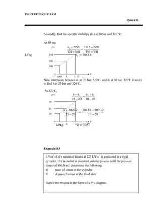 0.9 m3
of dry saturated steam at 225 kN/m2
is contained in a rigid
cylinder. If it is cooled at constant volume process until the pressure
drops to180 kN/m2
, determine the following:
a) mass of steam in the cylinder
b) dryness fraction at the final state
Sketch the process in the form of a P-v diagram.
PROPERTIES OF STEAM
J2006/8/35
Secondly, find the specific enthalpy (h2) at 30 bar and 320 o
C;
At 30 bar,
kJ/kg
Now interpolate between h1 at 20 bar, 320o
C, and h2 at 30 bar, 320o
C in order
to find h at 25 bar and 320o
C.
At 320o
C,
kJ/kg.
Example 8.9
300350
29953117
300320
29952
−
−
=
−
−h
8.30432 =h
20302025
121
−
−
=
−
− hhhh
h −
−
=
−
−
3070 2
25 20
30438 3070 2
30 20
. . .
h = 3057
T
h
350
320
300
2995 h2 3117
P
h
30
25
20
h1
h h2
 