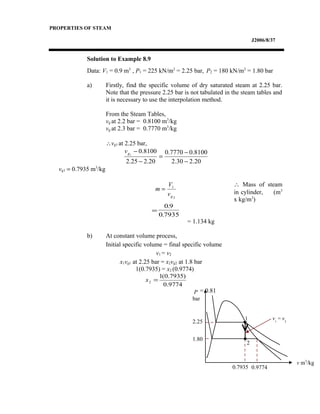 PROPERTIES OF STEAM
J2006/8/37
Solution to Example 8.9
Data: V1 = 0.9 m3
, P1 = 225 kN/m2
= 2.25 bar, P2 = 180 kN/m2
= 1.80 bar
a) Firstly, find the specific volume of dry saturated steam at 2.25 bar.
Note that the pressure 2.25 bar is not tabulated in the steam tables and
it is necessary to use the interpolation method.
From the Steam Tables,
vg at 2.2 bar = 0.8100 m3
/kg
vg at 2.3 bar = 0.7770 m3
/kg
∴vg1 at 2.25 bar,
vg1 = 0.7935 m3
/kg
∴ Mass of steam
in cylinder, (m3
x kg/m3
)
= 1.134 kg
b) At constant volume process,
Initial specific volume = final specific volume
v1 = v2
x1vg1 at 2.25 bar = x2vg2 at 1.8 bar
1(0.7935) = x2 (0.9774)
= 0.81
20.230.2
8100.07770.0
20.225.2
8100.01
−
−
=
−
−gv
1
1
gv
V
m =
=
0 9
0 7935
.
.
9774.0
)7935.0(1
2 =x
P
bar
1.80
2.25
v m3
/kg
1
2
0.7935 0.9774
v1
= v2
 