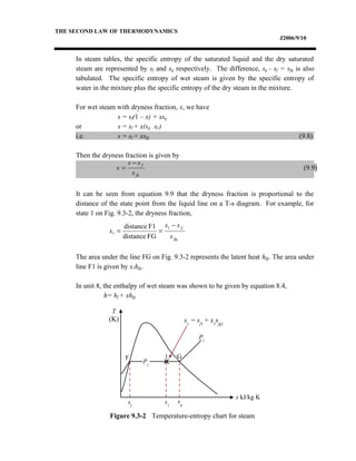 THE SECOND LAW OF THERMODYNAMICS
J2006/9/10
In steam tables, the specific entropy of the saturated liquid and the dry saturated
steam are represented by sf and sg respectively. The difference, sg - sf = sfg is also
tabulated. The specific entropy of wet steam is given by the specific entropy of
water in the mixture plus the specific entropy of the dry steam in the mixture.
For wet steam with dryness fraction, x, we have
s = sf(1 – x) + xsg
or s = sf + x(sg – sf )
i.e. s = sf + xsfg (9.8)
Then the dryness fraction is given by
It can be seen from equation 9.9 that the dryness fraction is proportional to the
distance of the state point from the liquid line on a T-s diagram. For example, for
state 1 on Fig. 9.3-2, the dryness fraction,
The area under the line FG on Fig. 9.3-2 represents the latent heat hfg. The area under
line F1 is given by x1hfg.
In unit 8, the enthalpy of wet steam was shown to be given by equation 8.4,
h= hf + xhfg
fg
f
s
ss
x
−
= (9.9)
1
11
1
FGdistance
F1distance
fg
f
s
ss
x
−
==
T
(K)
s kJ/kg K
s1
sg
s1
= sf1
+ x1
sfg1
F
sf
G1
P1
P1
Figure 9.3-2 Temperature-entropy chart for steam
 