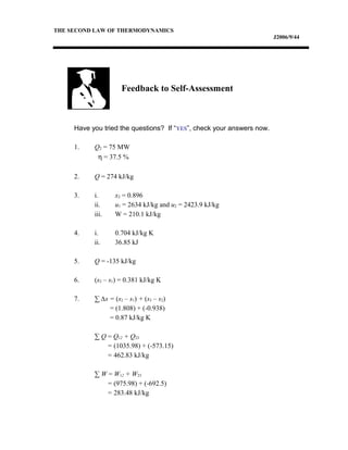THE SECOND LAW OF THERMODYNAMICS
J2006/9/44
Have you tried the questions? If “YES”, check your answers now.
1. Q2 = 75 MW
η = 37.5 %
2. Q = 274 kJ/kg
3. i. x2 = 0.896
ii. u1 = 2634 kJ/kg and u2 = 2423.9 kJ/kg
iii. W = 210.1 kJ/kg
4. i. 0.704 kJ/kg K
ii. 36.85 kJ
5. Q = -135 kJ/kg
6. (s2 – s1) = 0.381 kJ/kg K
7. ∑ ∆s = (s2 – s1) + (s3 – s2)
= (1.808) + (-0.938)
= 0.87 kJ/kg K
∑ Q = Q12 + Q23
= (1035.98) + (-573.15)
= 462.83 kJ/kg
∑ W = W12 + W23
= (975.98) + (-692.5)
= 283.48 kJ/kg
Feedback to Self-Assessment
 