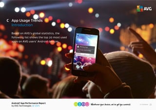 AndroidTM
App Performance Report
by AVG Technologies Q1 2015
23<< Contents
App Usage Trends
Introduction
C
Based on AVG’s global statistics, the
following list shows the top 20 most used
apps on AVG users’ Android devices.
 