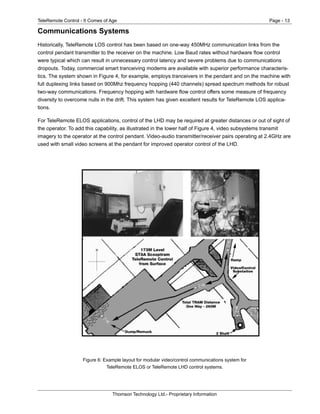 TeleRemote Control - It Comes of Age Page - 13
Thomson Technology Ltd.- Proprietary Information
Communications Systems
Historically, TeleRemote LOS control has been based on one-way 450MHz communication links from the
control pendant transmitter to the receiver on the machine. Low Baud rates without hardware flow control
were typical which can result in unnecessary control latency and severe problems due to communications
dropouts. Today, commercial smart tranceiving modems are available with superior performance characteris-
tics. The system shown in Figure 4, for example, employs tranceivers in the pendant and on the machine with
full duplexing links based on 900Mhz frequency hopping (440 channels) spread spectrum methods for robust
two-way communications. Frequency hopping with hardware flow control offers some measure of frequency
diversity to overcome nulls in the drift. This system has given excellent results for TeleRemote LOS applica-
tions.
For TeleRemote ELOS applications, control of the LHD may be required at greater distances or out of sight of
the operator. To add this capability, as illustrated in the lower half of Figure 4, video subsystems transmit
imagery to the operator at the control pendant. Video-audio transmitter/receiver pairs operating at 2.4GHz are
used with small video screens at the pendant for improved operator control of the LHD.
Figure 6: Example layout for modular video/control communications system for
TeleRemote ELOS or TeleRemote LHD control systems.
 