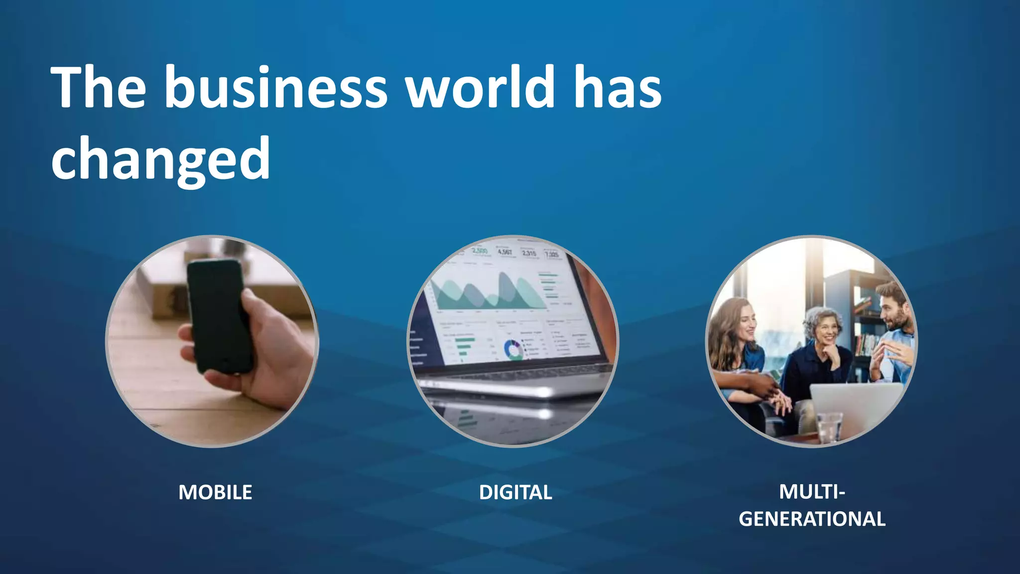 The business world has
changed
MOBILE MULTI-
GENERATIONAL
DIGITAL