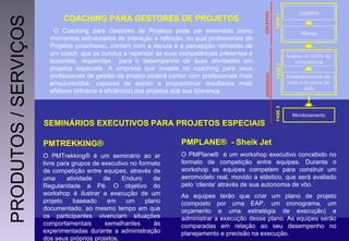 PMTREKKING ®   O PMTrekking ®  é um seminário ao ar livre para grupos de executivo no formato de competição entre equipes, através de uma atividade de Enduro de Regularidade a Pé. O objetivo do workshop é ilustrar a execução de um projeto baseado em um plano documentado, ao mesmo tempo em que os participantes vivenciam situações comportamentais semelhantes às experimentadas durante a administração dos seus próprios projetos.  PMPLANE ®  - Sheik Jet  O PMPlane®  é um workshop executivo concebido no formato de competição entre equipes. Durante o workshop as equipes competem para construir um aeromodelo real, movido a elástico, que será avaliado pelo ‘cliente’ através de sua autonomia de vôo.  As equipes terão que criar um plano de projeto (composto por uma EAP, um cronograma, um orçamento e uma estratégia de execução) e administrar a execução desse plano. As equipes serão comparadas em relação ao seu desempenho no planejamento e precisão na execução.  SEMINÁRIOS EXECUTIVOS PARA PROJETOS ESPECIAIS COACHING PARA GESTORES DE PROJETOS O Coaching para Gestores de Projetos pode ser entendido como momentos estruturados de interação e reflexão, no qual profissionais de Projetos (coachees), contam com a escuta e a percepção refinadas de um coach, que os conduz a repensar as suas competências presentes e ausentes, requeridas  para o desempenho de suas atividades em projetos especiais. A empresa que investe no coaching para seus profissionais de gestão de projeto poderá contar com profissionais mais amadurecidos, capazes de extrair e proporcionar resultados mais efetivos (eficácia e eficiência) dos projetos sob sua liderança PRODUTOS / SERVIÇOS 