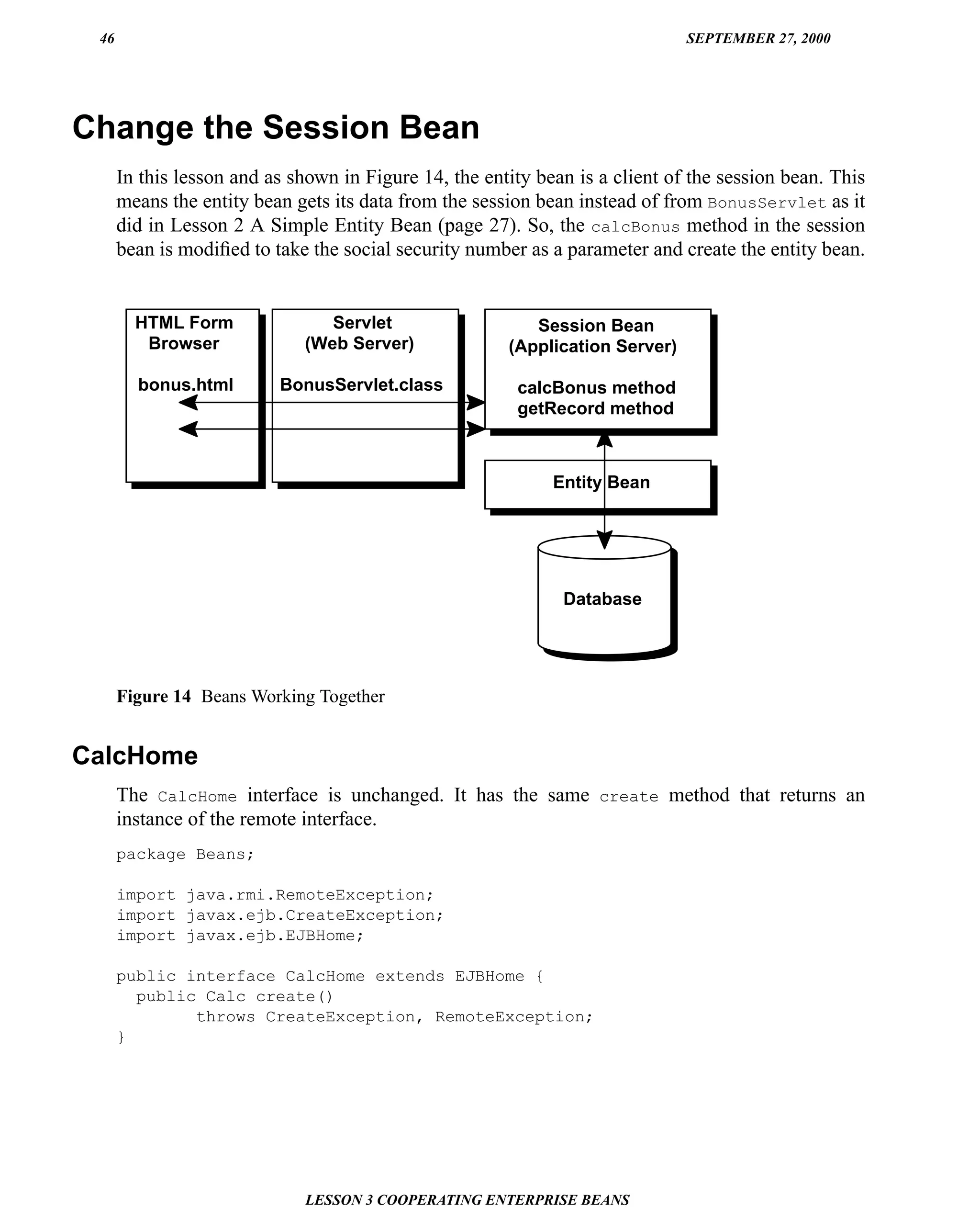 46                                                                           SEPTEMBER 27, 2000




Change the Session Bean
      In this lesson and as shown in Figure 14, the entity bean is a client of the session bean. This
      means the entity bean gets its data from the session bean instead of from BonusServlet as it
      did in Lesson 2 A Simple Entity Bean (page 27). So, the calcBonus method in the session
      bean is modiﬁed to take the social security number as a parameter and create the entity bean.


        HTML Form               Servlet                   Session Bean
         Browser             (Web Server)              (Application Server)

        bonus.html        BonusServlet.class            calcBonus method
                                                        getRecord method



                                                             Entity Bean




                                                              Database




      Figure 14 Beans Working Together


CalcHome
      The CalcHome interface is unchanged. It has the same create method that returns an
      instance of the remote interface.
      package Beans;

      import java.rmi.RemoteException;
      import javax.ejb.CreateException;
      import javax.ejb.EJBHome;

      public interface CalcHome extends EJBHome {
        public Calc create()
              throws CreateException, RemoteException;
      }




                             LESSON 3 COOPERATING ENTERPRISE BEANS
 