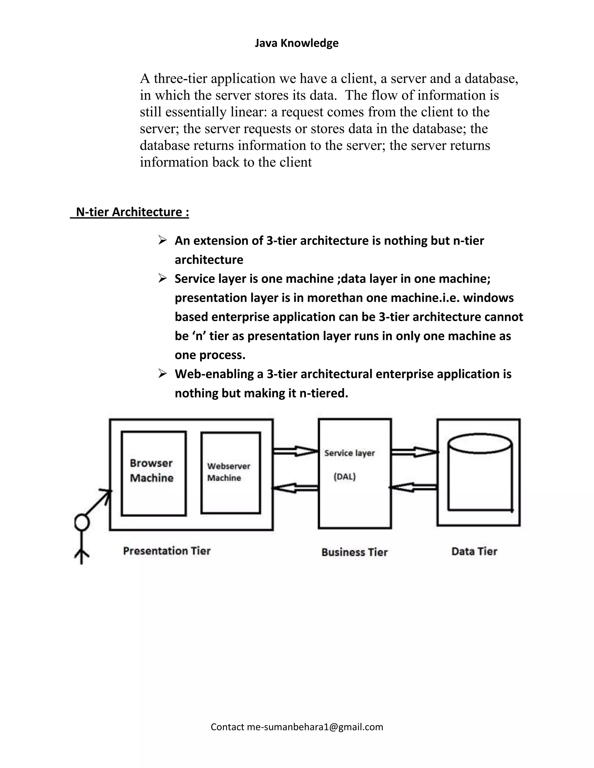 Java Knowledge

           A three-tier application we have a client, a server and a database,
           in which the server stores its data. The flow of information is
           still essentially linear: a request comes from the client to the
           server; the server requests or stores data in the database; the
           database returns information to the server; the server returns
           information back to the client


N-tier Architecture :

                An extension of 3-tier architecture is nothing but n-tier
                 architecture
                Service layer is one machine ;data layer in one machine;
                 presentation layer is in morethan one machine.i.e. windows
                 based enterprise application can be 3-tier architecture cannot
                 be ‘n’ tier as presentation layer runs in only one machine as
                 one process.
                Web-enabling a 3-tier architectural enterprise application is
                 nothing but making it n-tiered.




                        Contact me-sumanbehara1@gmail.com
 