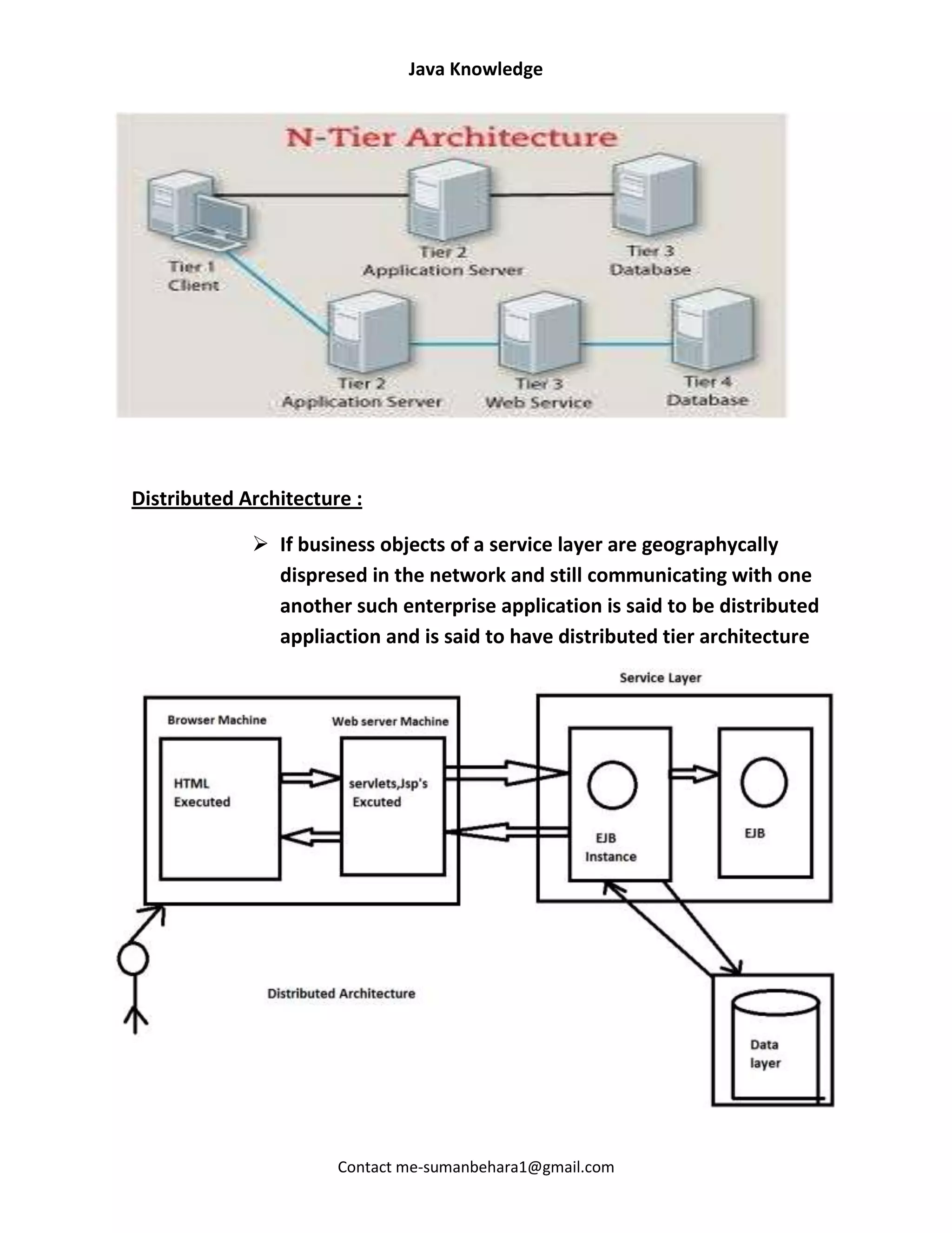 Java Knowledge




Distributed Architecture :

              If business objects of a service layer are geographycally
               dispresed in the network and still communicating with one
               another such enterprise application is said to be distributed
               appliaction and is said to have distributed tier architecture




                       Contact me-sumanbehara1@gmail.com
 