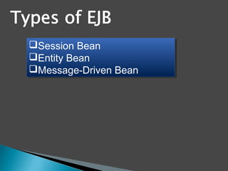 Session Bean
Entity Bean
Message-Driven Bean
Session Bean
Entity Bean
Message-Driven Bean
 
