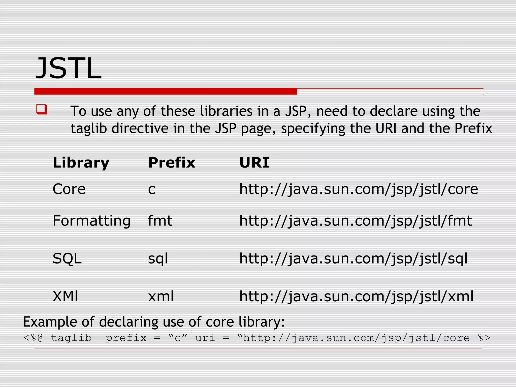  To use any of these libraries in a JSP, need to declare using the
taglib directive in the JSP page, specifying the URI and the Prefix
Library Prefix URI
Core c http://java.sun.com/jsp/jstl/core
Formatting fmt http://java.sun.com/jsp/jstl/fmt
SQL sql http://java.sun.com/jsp/jstl/sql
XMl xml http://java.sun.com/jsp/jstl/xml
Example of declaring use of core library:
<%@ taglib prefix = “c” uri = “http://java.sun.com/jsp/jstl/core %>
JSTL
 