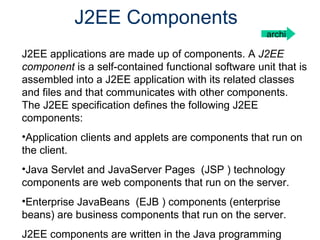 J2EE Components J2EE applications are made up of components. A  J2EE component  is a self-contained functional software unit that is assembled into a J2EE application with its related classes and files and that communicates with other components. The J2EE specification defines the following J2EE components:  Application clients and applets are components that run on the client. Java Servlet and JavaServer Pages  (JSP ) technology components are web components that run on the server.  Enterprise JavaBeans  (EJB ) components (enterprise beans) are business components that run on the server. J2EE components are written in the Java programming language and are compiled in the same way a archi 
