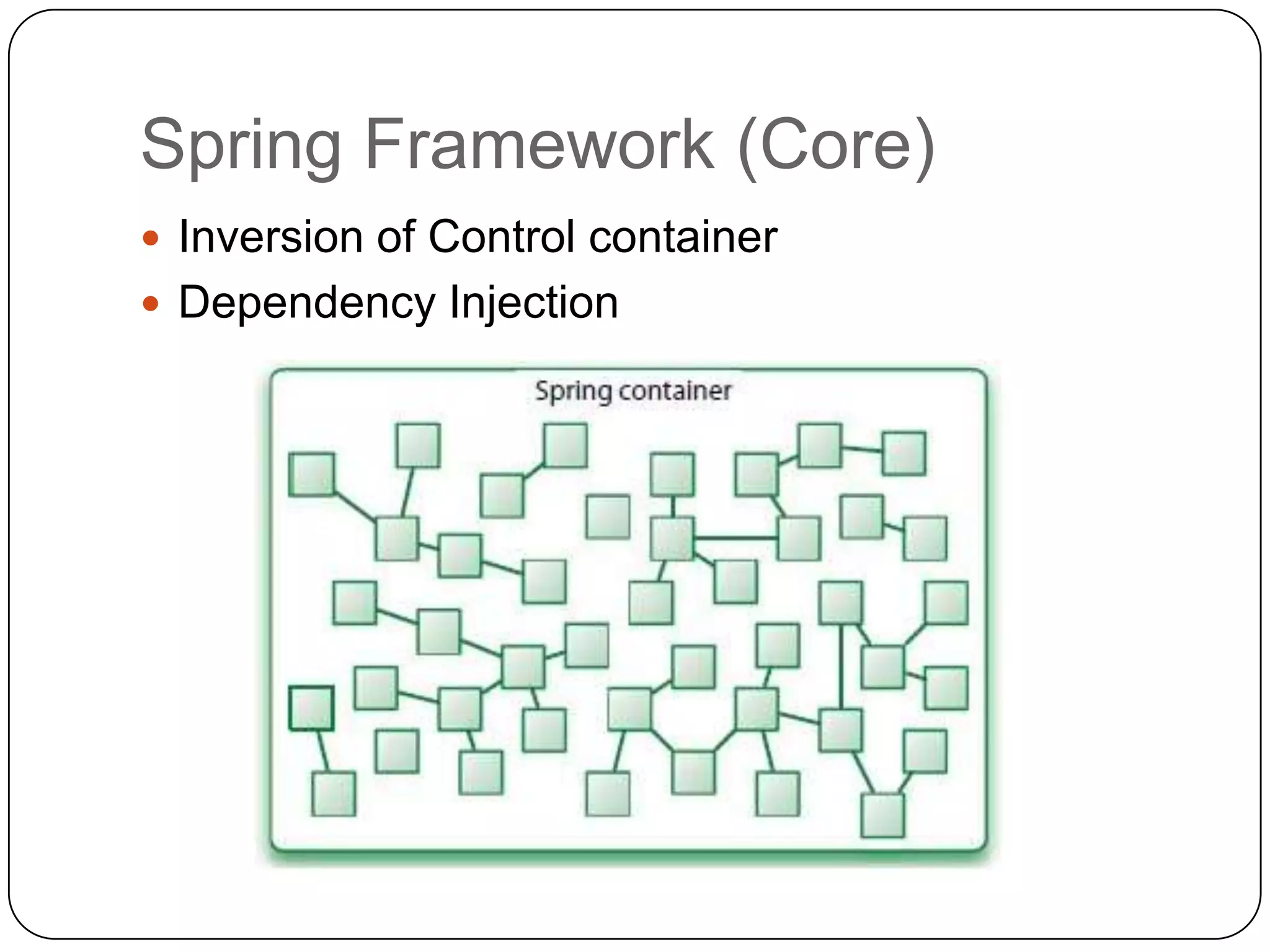 Spring Framework (Core)
 Inversion of Control container
 Dependency Injection
 
