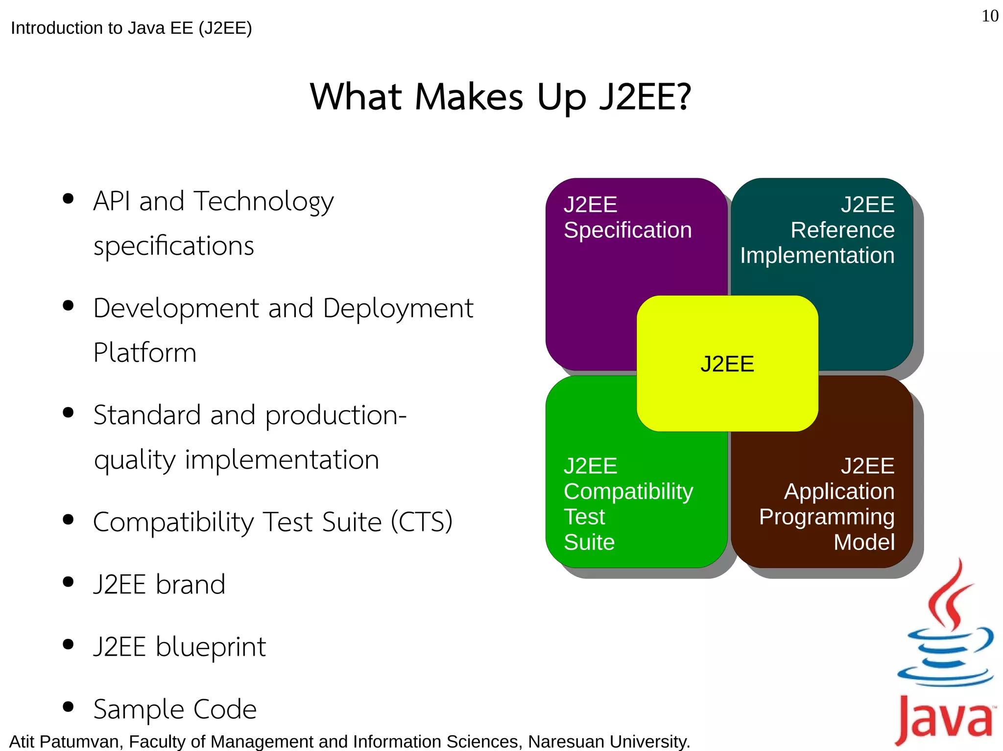 10
Introduction to Java EE (J2EE)



                                    What Makes Up J2EE?
      ●   API and Technology                                       J2EE
                                                                    J2EE                         J2EE
                                                                                                  J2EE
                                                                   Specification             Reference
          specifcations                                             Specification             Reference
                                                                                        Implementation
                                                                                         Implementation
      ●   Development and Deployment
          Platform                                                                    J2EE

      ●   Standard and production-
          quality implementation                                   J2EE
                                                                    J2EE                             J2EE
                                                                                                      J2EE
                                                                   Compatibility
                                                                    Compatibility              Application
                                                                                                Application
      ●   Compatibility Test Suite (CTS)                           Test
                                                                    Test
                                                                   Suite
                                                                                             Programming
                                                                                              Programming
                                                                                                    Model
                                                                    Suite                            Model
      ●   J2EE brand
      ●   J2EE blueprint
      ●   Sample Code
Atit Patumvan, Faculty of Management and Information Sciences, Naresuan University.
 