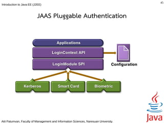 45
Introduction to Java EE (J2EE)



                          JAAS Pluggable Authentication




Atit Patumvan, Faculty of Management and Information Sciences, Naresuan University.
 