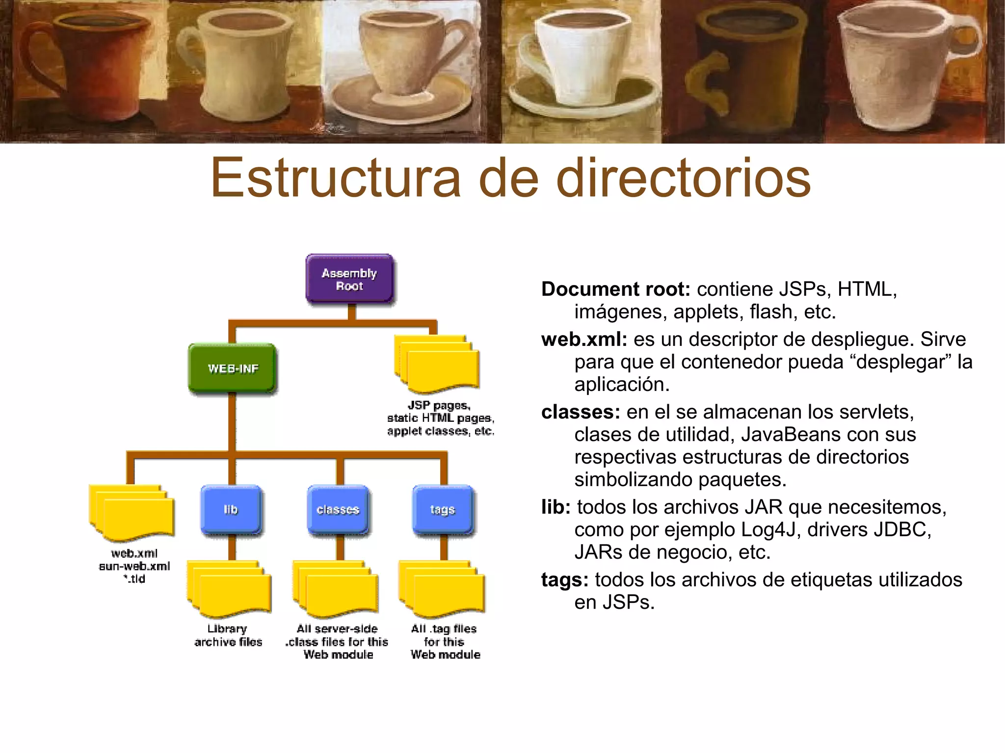 Estructura de directorios
Document root: contiene JSPs, HTML,
imágenes, applets, flash, etc.
web.xml: es un descriptor de despliegue. Sirve
para que el contenedor pueda “desplegar” la
aplicación.
classes: en el se almacenan los servlets,
clases de utilidad, JavaBeans con sus
respectivas estructuras de directorios
simbolizando paquetes.
lib: todos los archivos JAR que necesitemos,
como por ejemplo Log4J, drivers JDBC,
JARs de negocio, etc.
tags: todos los archivos de etiquetas utilizados
en JSPs.
 