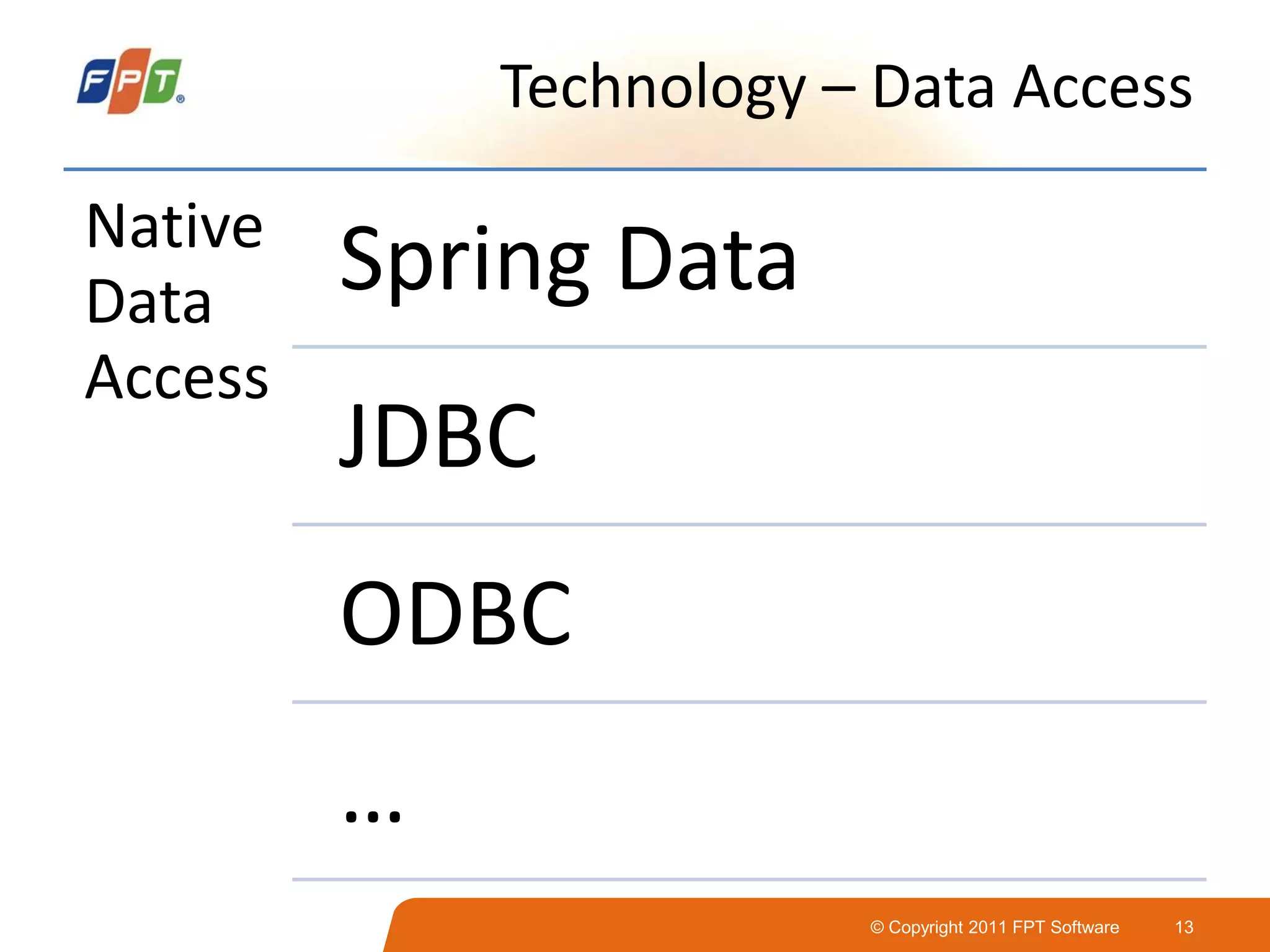 © Copyright 2011 FPT Software 13
Technology – Data Access
Native
Data
Access
Spring Data
JDBC
ODBC
…
 
