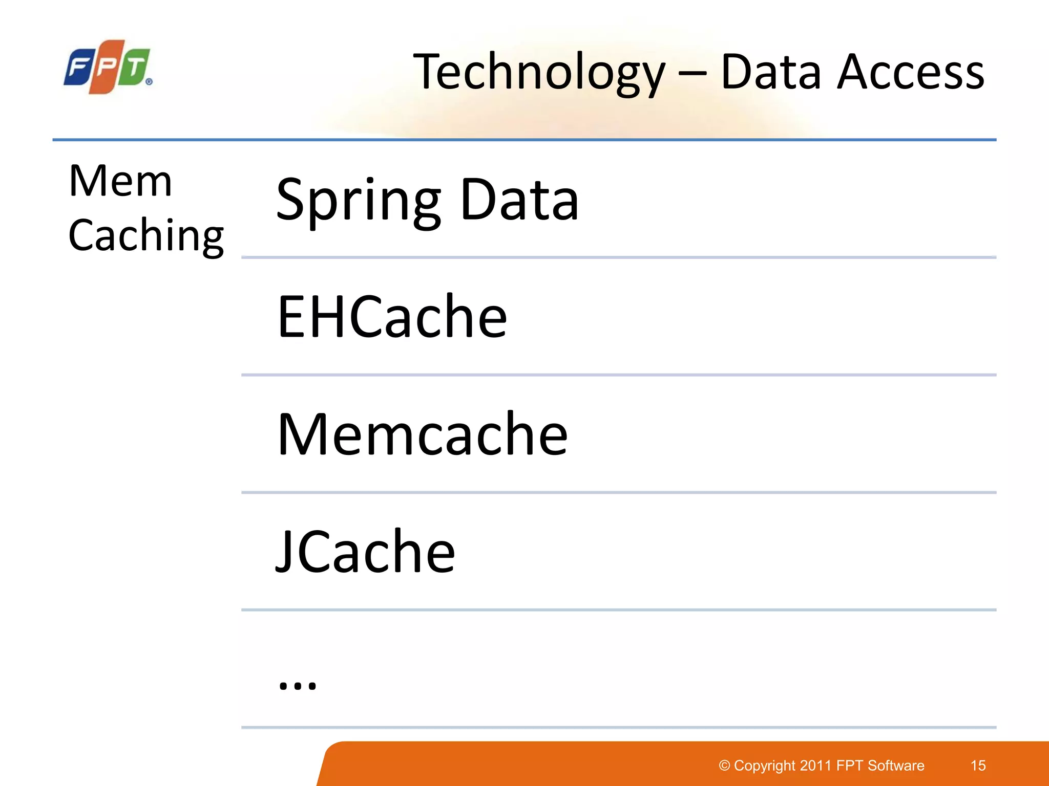 © Copyright 2011 FPT Software 15
Technology – Data Access
Mem
Caching
Spring Data
EHCache
Memcache
JCache
…
 