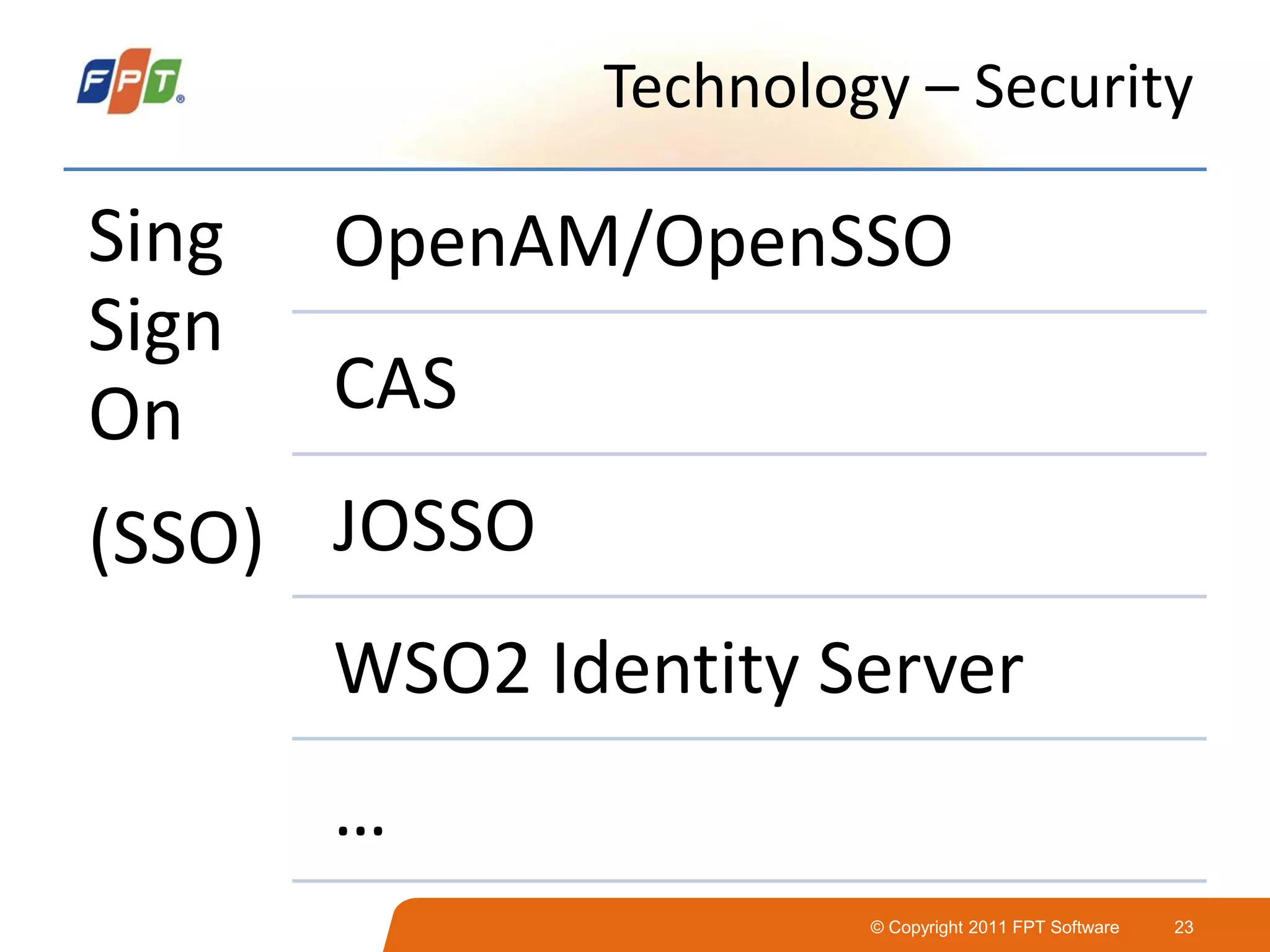 © Copyright 2011 FPT Software 23
Technology – Security
Sing
Sign
On
(SSO)
OpenAM/OpenSSO
CAS
JOSSO
WSO2 Identity Server
…
 