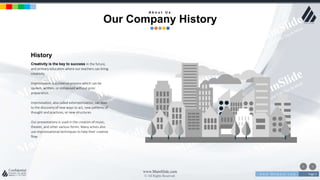 w w w . D o m a i n . c o m Page 3
www.MainSlide.com
© All Rights Reserved.
Confidential
History
Creativity is the key to success in the future,
and primary education where our teachers can bring
creativity.
Improvisation is a creative process which can be
spoken, written, or composed without prior
preparation.
Improvisation, also called extemporization, can lead
to the discovery of new ways to act, new patterns of
thought and practices, or new structures.
Our presentations is used in the creation of music,
theater, and other various forms. Many artists also
use improvisational techniques to help their creative
flow.
A b o u t U s
Our Company History
 