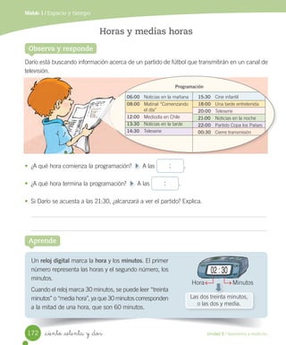 Unidad 5 / Geometría y medición
Módulo 1 / Espacio y tiempo
• ¿A qué hora comienza la programación?     A las : .
• ¿A qué hora termina la programación?     A las : .
• Si Darío se acuesta a las 21:30, ¿alcanzará a ver el partido? Explica.
Observa y responde
Darío está buscando información acerca de un partido de fútbol que transmitirán en un canal de
televisión.
Horas y medias horas
Aprende
Un reloj digital marca la hora y los minutos. El primer
número representa las horas y el segundo número, los
minutos.
Cuando el reloj marca 30 minutos, se puede leer “treinta
minutos” o “media hora”, ya que 30 minutos corresponden
a la mitad de una hora, que son 60 minutos.
Hora Minutos
Las dos treinta minutos,
o las dos y media.
Programación
06:00 	 Noticias en la mañana
08:00 	 Matinal “Comenzando
el día”
12:00 	 Mediodía en Chile
13:30	 Noticias en la tarde
14:30 	 Teleserie
15:30 	 Cine infantil
18:00 	 Una tarde entretenida
20:00 	 Teleserie
21:00 	 Noticias en la noche
22:00 	 Partido Copa los Países
00:30 	 Cierre transmisión
_ciento _setenta y _dos172
 