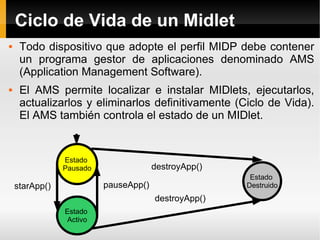 Ciclo de Vida de un Midlet Todo dispositivo que adopte el perfil MIDP debe contener un programa gestor de aplicaciones denominado AMS (Application Management Software). El AMS permite localizar e instalar MIDlets, ejecutarlos, actualizarlos y eliminarlos definitivamente (Ciclo de Vida). El AMS también controla el estado de un MIDlet. destroyApp() destroyApp() pauseApp() starApp() Estado  Pausado Estado  Activo Estado  Destruido 
