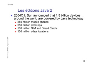 16/11/2010




                                                 Les éditions Java 2
                                               2004Q1: Sun announced that 1.5 billion devices
                                               around the world are powered by Java technology
                                                 250 million mobile phones
                                                 650 million desktops
                                                 500 million SIM and Smart Cards
                                                 100 million other locations.
Didier Donsez, 2000-2010, Programmation J2ME




                                                                                                 10
 