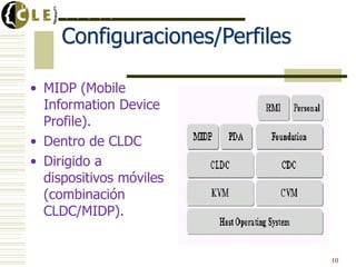 Universidad de DeustoUniversidad de Deusto
. . . . . . . . .
Configuraciones/Perfiles
• MIDP (Mobile
Information Device
Profile).
• Dentro de CLDC
• Dirigido a
dispositivos móviles
(combinación
CLDC/MIDP).
10
 