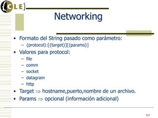 Networking
• Formato del String pasado como parámetro:
– {protocol}:[{target}][{params}]
• Valores para protocol:
– file
– comm
– socket
– datagram
– http
• Target hostname,puerto,nombre de un archivo.
• Params opcional (información adicional)
167
 