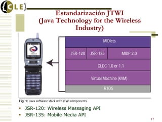 Estandarización JTWI
(Java Technology for the Wireless
Industry)
17
 JSR-120: Wireless Messaging API
 JSR-135: Mobile Media API
 