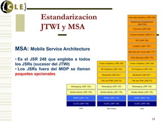 Estandarizacion
JTWI y MSA
18
MSA: Mobile Service Architecture
• Es el JSR 248 que engloba a todos
los JSRs (sucesor del JTWI)
• Los JSRs fuera del MIDP se llaman
paquetes opcionales
 