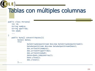 Tablas con múltiples columnas
public class Persona{
int id;
String nombre;
String apellido;
int edad;
...
}
public byte[] convertirBytes(){
byte[] datos;
try{
ByteArrayOutputStream bos=new ByteArrayOutputStream();
DataOutputStream dos=new DataOutputStream(baos);
dos.writeUTF(nombre);
dos.writeUTF(apellido);
dos.writeInt(edad);
datos=baos.toByteArray();
baos.close();
dos.close();
}...
191
 
