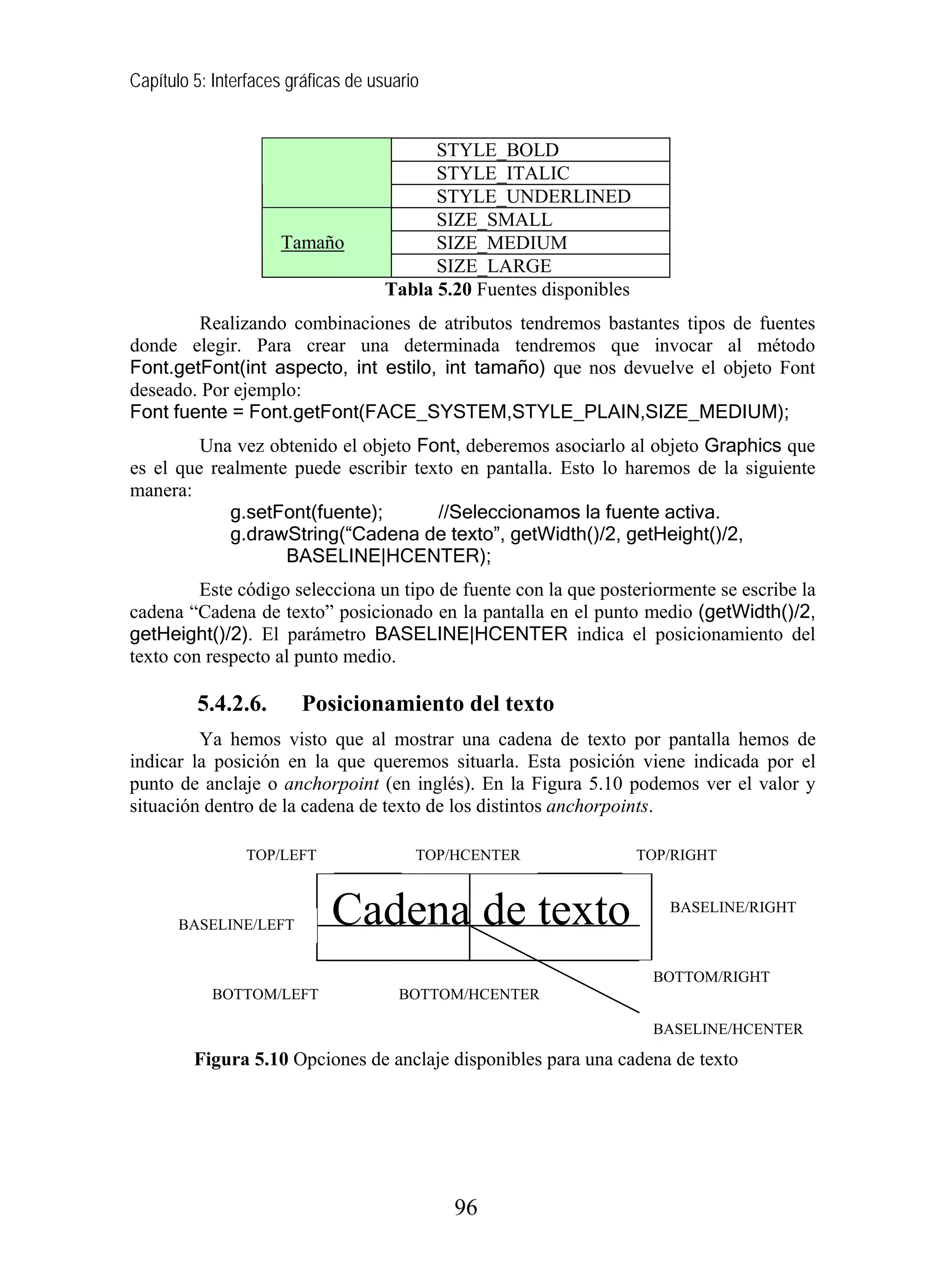 Capítulo 5: Interfaces gráficas de usuario
STYLE_BOLD
STYLE_ITALIC
STYLE_UNDERLINED
SIZE_SMALL
SIZE_MEDIUMTamaño
SIZE_LARGE
Tabla 5.20 Fuentes disponibles
Realizando combinaciones de atributos tendremos bastantes tipos de fuentes
donde elegir. Para crear una determinada tendremos que invocar al método
Font.getFont(int aspecto, int estilo, int tamaño) que nos devuelve el objeto Font
deseado. Por ejemplo:
Font fuente = Font.getFont(FACE_SYSTEM,STYLE_PLAIN,SIZE_MEDIUM);
Una vez obtenido el objeto Font, deberemos asociarlo al objeto Graphics que
es el que realmente puede escribir texto en pantalla. Esto lo haremos de la siguiente
manera:
g.setFont(fuente); //Seleccionamos la fuente activa.
g.drawString(“Cadena de texto”, getWidth()/2, getHeight()/2,
BASELINE|HCENTER);
Este código selecciona un tipo de fuente con la que posteriormente se escribe la
cadena “Cadena de texto” posicionado en la pantalla en el punto medio (getWidth()/2,
getHeight()/2). El parámetro BASELINE|HCENTER indica el posicionamiento del
texto con respecto al punto medio.
5.4.2.6. Posicionamiento del texto
Ya hemos visto que al mostrar una cadena de texto por pantalla hemos de
indicar la posición en la que queremos situarla. Esta posición viene indicada por el
punto de anclaje o anchorpoint (en inglés). En la Figura 5.10 podemos ver el valor y
situación dentro de la cadena de texto de los distintos anchorpoints.
Figura 5.10 Opciones de anclaje disponibles para una cadena de texto
Cadena de texto
TOP/LEFT TOP/HCENTER TOP/RIGHT
BASELINE/RIGHT
BASELINE/LEFT
BOTTOM/RIGHT
BOTTOM/LEFT BOTTOM/HCENTER
BASELINE/HCENTER
96
 