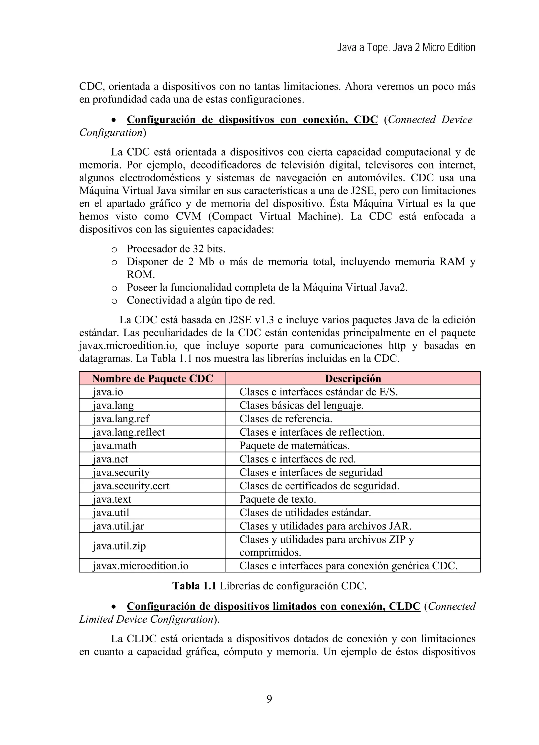 Java a Tope. Java 2 Micro Edition
CDC, orientada a dispositivos con no tantas limitaciones. Ahora veremos un poco más
en profundidad cada una de estas configuraciones.
• Configuración de dispositivos con conexión, CDC (Connected Device
Configuration)
La CDC está orientada a dispositivos con cierta capacidad computacional y de
memoria. Por ejemplo, decodificadores de televisión digital, televisores con internet,
algunos electrodomésticos y sistemas de navegación en automóviles. CDC usa una
Máquina Virtual Java similar en sus características a una de J2SE, pero con limitaciones
en el apartado gráfico y de memoria del dispositivo. Ésta Máquina Virtual es la que
hemos visto como CVM (Compact Virtual Machine). La CDC está enfocada a
dispositivos con las siguientes capacidades:
o Procesador de 32 bits.
o Disponer de 2 Mb o más de memoria total, incluyendo memoria RAM y
ROM.
o Poseer la funcionalidad completa de la Máquina Virtual Java2.
o Conectividad a algún tipo de red.
La CDC está basada en J2SE v1.3 e incluye varios paquetes Java de la edición
estándar. Las peculiaridades de la CDC están contenidas principalmente en el paquete
javax.microedition.io, que incluye soporte para comunicaciones http y basadas en
datagramas. La Tabla 1.1 nos muestra las librerías incluidas en la CDC.
Nombre de Paquete CDC Descripción
java.io Clases e interfaces estándar de E/S.
java.lang Clases básicas del lenguaje.
java.lang.ref Clases de referencia.
java.lang.reflect Clases e interfaces de reflection.
java.math Paquete de matemáticas.
java.net Clases e interfaces de red.
java.security Clases e interfaces de seguridad
java.security.cert Clases de certificados de seguridad.
java.text Paquete de texto.
java.util Clases de utilidades estándar.
java.util.jar Clases y utilidades para archivos JAR.
java.util.zip
Clases y utilidades para archivos ZIP y
comprimidos.
javax.microedition.io Clases e interfaces para conexión genérica CDC.
Tabla 1.1 Librerías de configuración CDC.
• Configuración de dispositivos limitados con conexión, CLDC (Connected
Limited Device Configuration).
La CLDC está orientada a dispositivos dotados de conexión y con limitaciones
en cuanto a capacidad gráfica, cómputo y memoria. Un ejemplo de éstos dispositivos
9
 