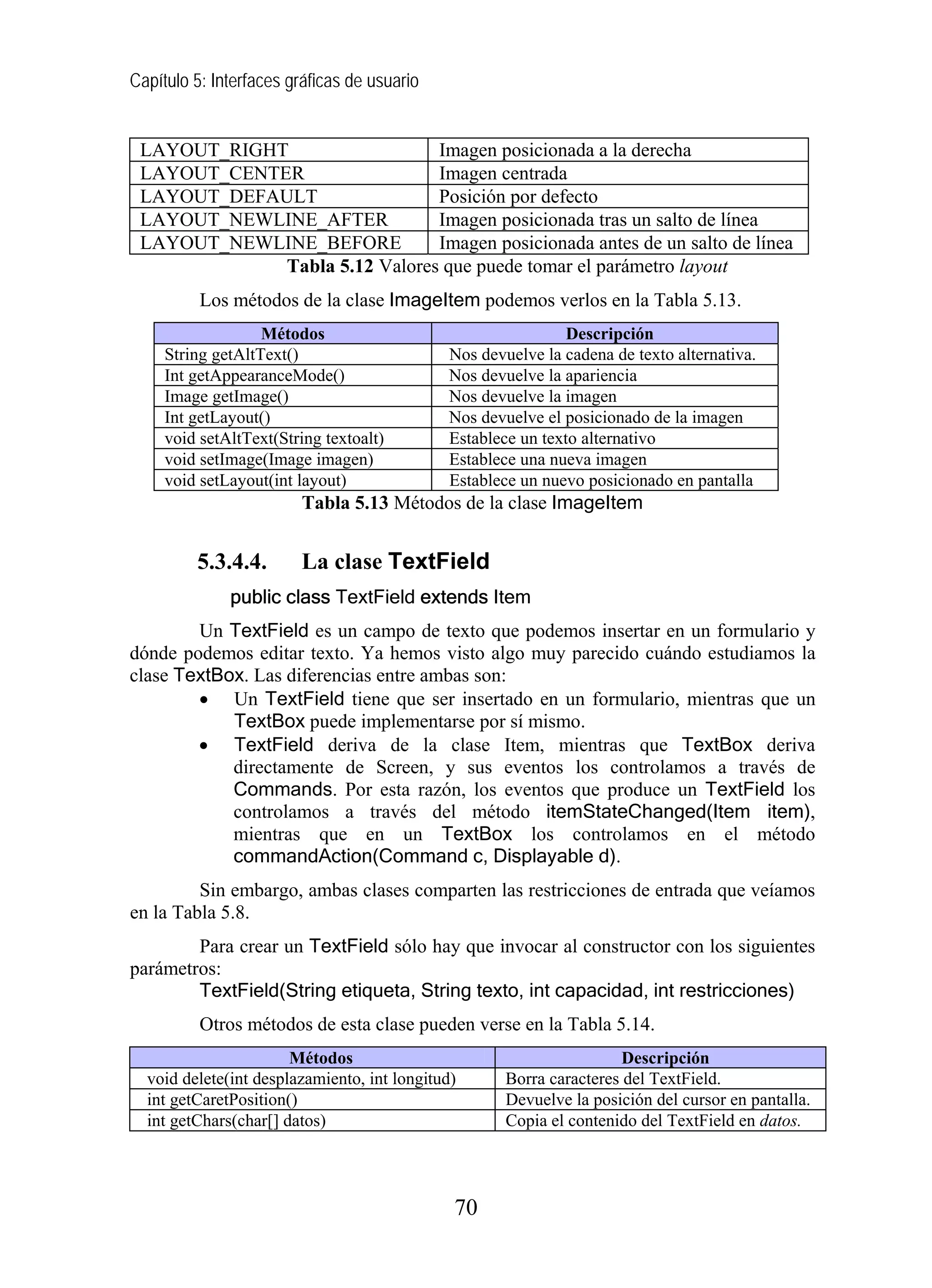 Capítulo 5: Interfaces gráficas de usuario
LAYOUT_RIGHT Imagen posicionada a la derecha
LAYOUT_CENTER Imagen centrada
LAYOUT_DEFAULT Posición por defecto
LAYOUT_NEWLINE_AFTER Imagen posicionada tras un salto de línea
LAYOUT_NEWLINE_BEFORE Imagen posicionada antes de un salto de línea
Tabla 5.12 Valores que puede tomar el parámetro layout
Los métodos de la clase ImageItem podemos verlos en la Tabla 5.13.
Métodos Descripción
String getAltText() Nos devuelve la cadena de texto alternativa.
Int getAppearanceMode() Nos devuelve la apariencia
Image getImage() Nos devuelve la imagen
Int getLayout() Nos devuelve el posicionado de la imagen
void setAltText(String textoalt) Establece un texto alternativo
void setImage(Image imagen) Establece una nueva imagen
void setLayout(int layout) Establece un nuevo posicionado en pantalla
Tabla 5.13 Métodos de la clase ImageItem
5.3.4.4. La clase TextField
public class TextField extends Item
Un TextField es un campo de texto que podemos insertar en un formulario y
dónde podemos editar texto. Ya hemos visto algo muy parecido cuándo estudiamos la
clase TextBox. Las diferencias entre ambas son:
• Un TextField tiene que ser insertado en un formulario, mientras que un
TextBox puede implementarse por sí mismo.
• TextField deriva de la clase Item, mientras que TextBox deriva
directamente de Screen, y sus eventos los controlamos a través de
Commands. Por esta razón, los eventos que produce un TextField los
controlamos a través del método itemStateChanged(Item item),
mientras que en un TextBox los controlamos en el método
commandAction(Command c, Displayable d).
Sin embargo, ambas clases comparten las restricciones de entrada que veíamos
en la Tabla 5.8.
Para crear un TextField sólo hay que invocar al constructor con los siguientes
parámetros:
TextField(String etiqueta, String texto, int capacidad, int restricciones)
Otros métodos de esta clase pueden verse en la Tabla 5.14.
Métodos Descripción
void delete(int desplazamiento, int longitud) Borra caracteres del TextField.
int getCaretPosition() Devuelve la posición del cursor en pantalla.
int getChars(char[] datos) Copia el contenido del TextField en datos.
70
 