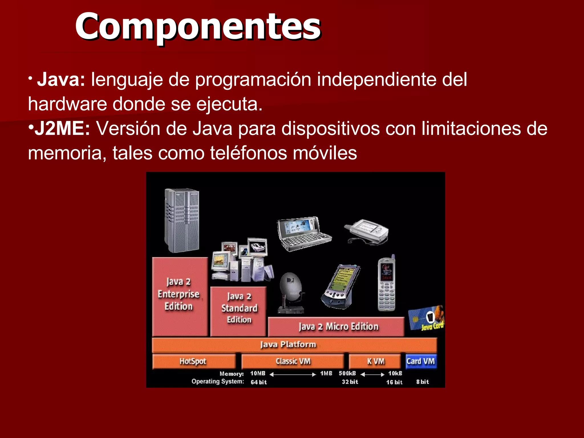 Componentes Java:  lenguaje de programación independiente del hardware donde se ejecuta. J2ME:  Versión de Java para dispositivos con limitaciones de memoria, tales como teléfonos móviles 