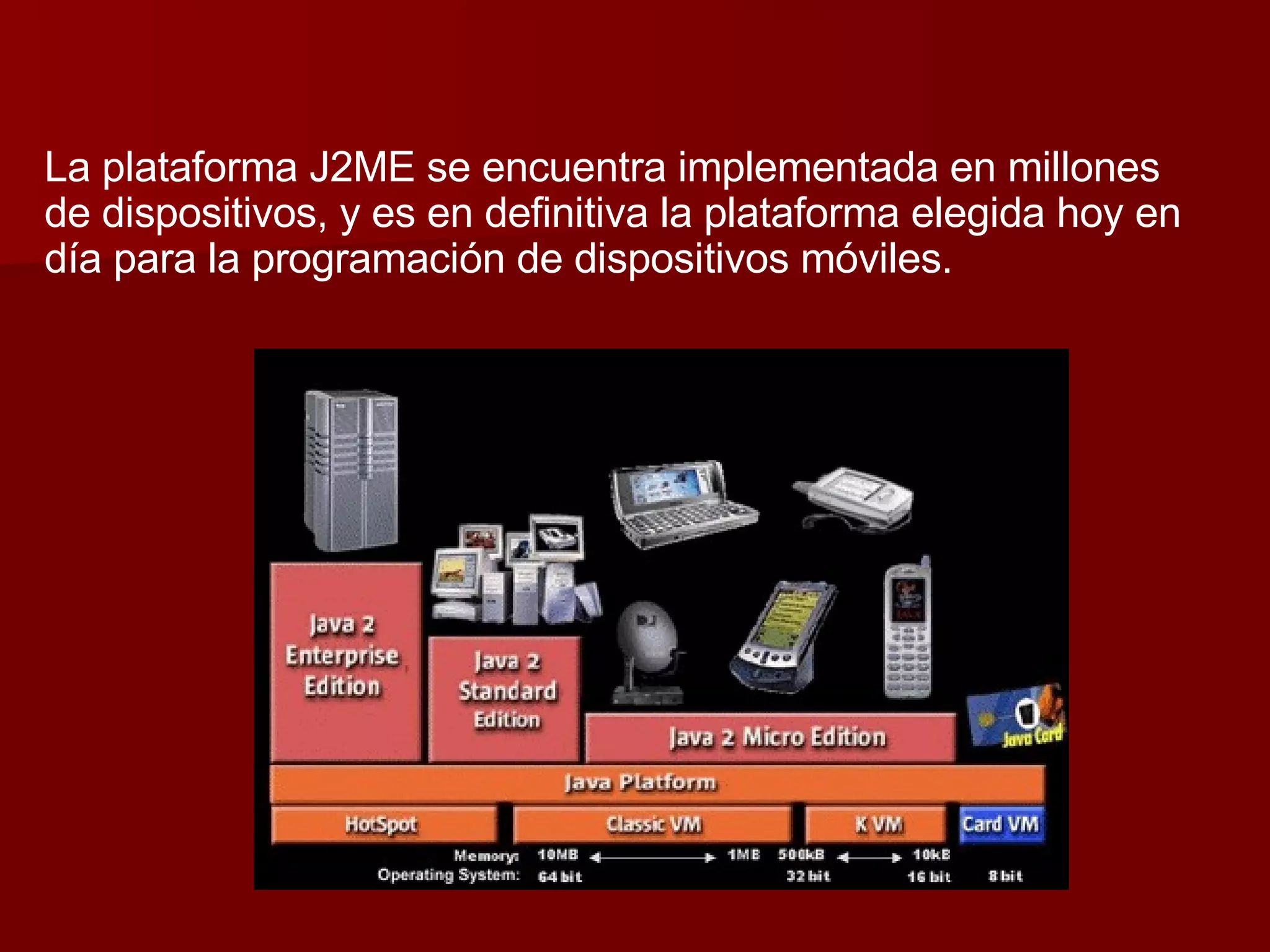 La plataforma J2ME se encuentra implementada en millones de dispositivos, y es en definitiva la plataforma elegida hoy en día para la programación de dispositivos móviles. 