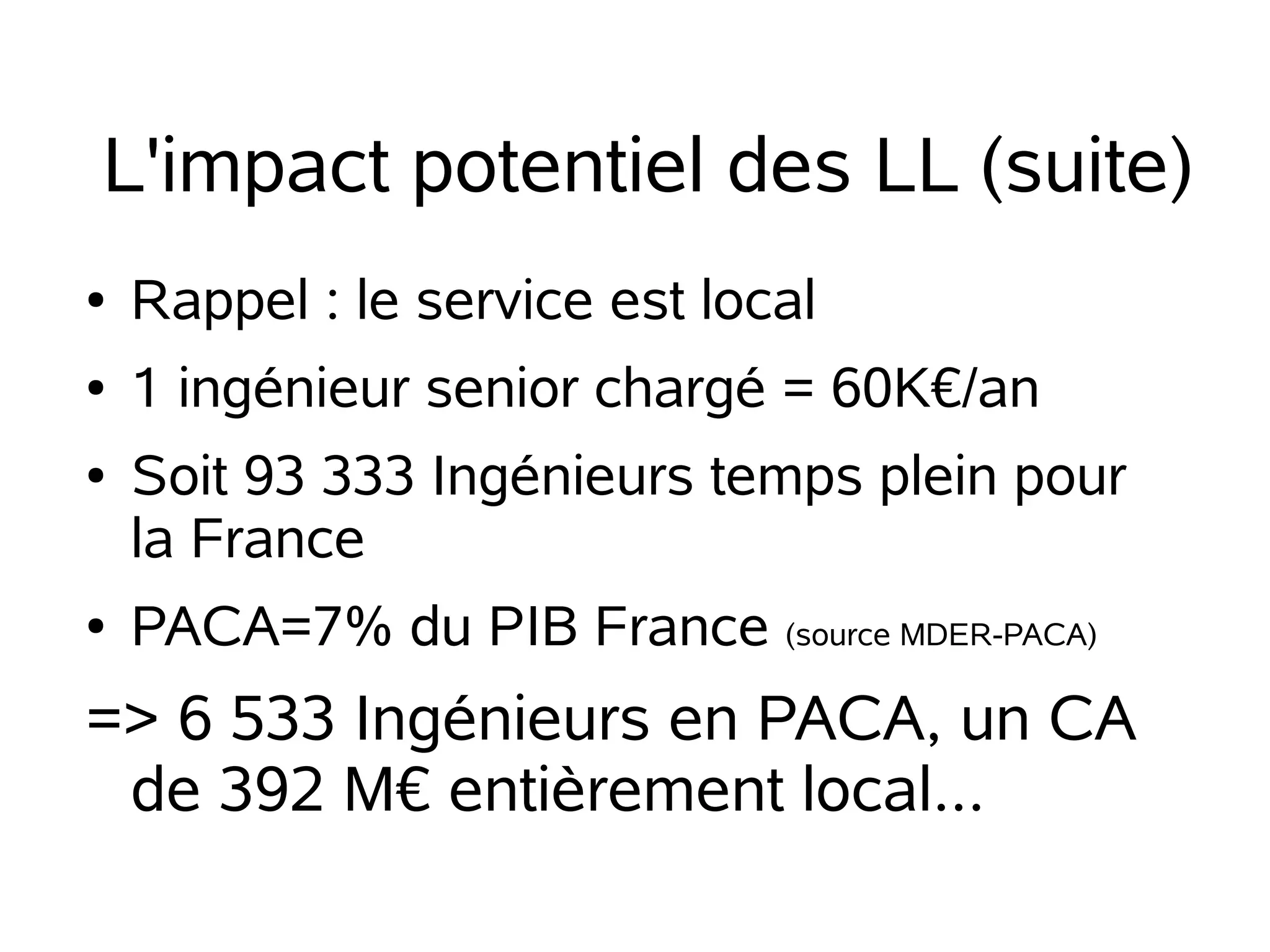 L'impact potentiel des LL (suite)
●

Rappel : le service est local

●

1 ingénieur senior chargé = 60K€/an

●

●

Soit 93 333 Ingénieurs temps plein pour
la France
PACA=7% du PIB France (source MDER-PACA)

=> 6 533 Ingénieurs en PACA, un CA
de 392 M€ entièrement local...

 